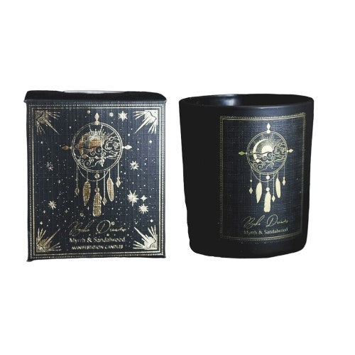 Boho Dreams Myrrh & Sandalwood Candle in black frosted jar; enhances mindfulness with rich scents and shaped gemstone chips.