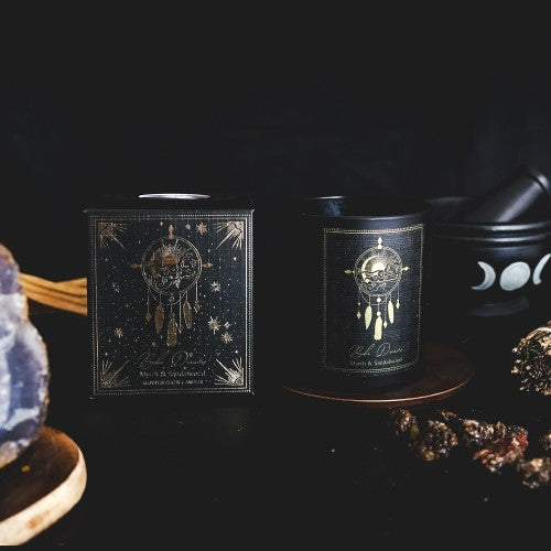 Boho Dreams Myrrh & Sandalwood candle in black frosted glass, infused with myrrh, sandalwood, and gemstone chips for manifestation.