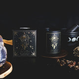 Boho Dreams Myrrh & Sandalwood candle in black frosted glass, infused with myrrh, sandalwood, and gemstone chips for manifestation.