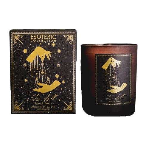 Love Spell Rose & Peony Manifestation Candle in black frosted glass, featuring soothing scents and gemstone chips for positive energy.