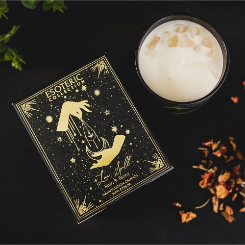 Love Spell Rose & Peony Manifestation Candle in black glass jar, featuring soothing scents and gemstone chips for positive energy.