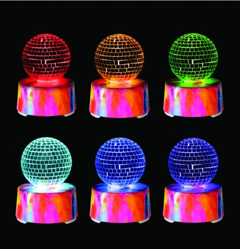 Disco mirror ball speaker (13.5cm) with Bluetooth, LED lights, and portable design for vibrant gatherings and parties.