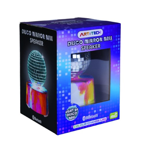 Disco Mirror Ball Speaker (13.5cm) with Bluetooth, LED lights, and vibrant sound for any celebration or gathering.