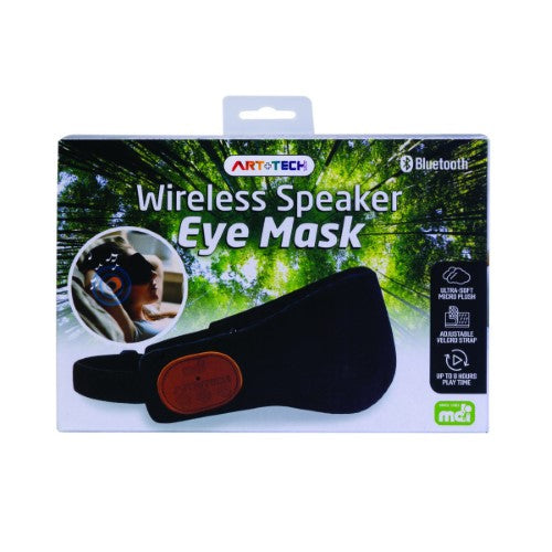 Wireless speaker eye mask in black, offering comfort and Bluetooth connectivity for music while sleeping or meditating.