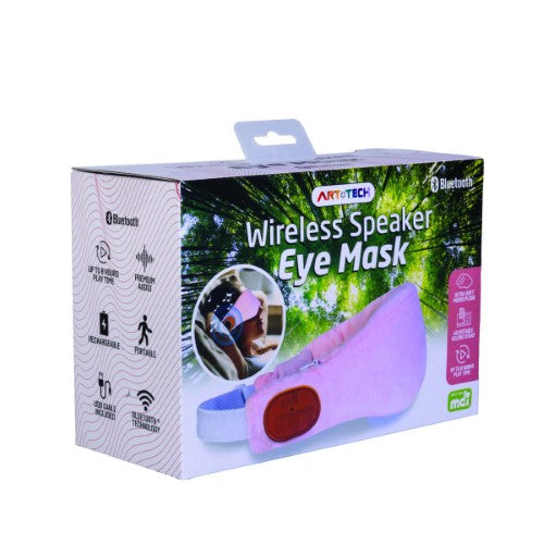 Pink wireless speaker eye mask measuring 40.5 cm, designed for comfort and relaxation with Bluetooth connectivity.