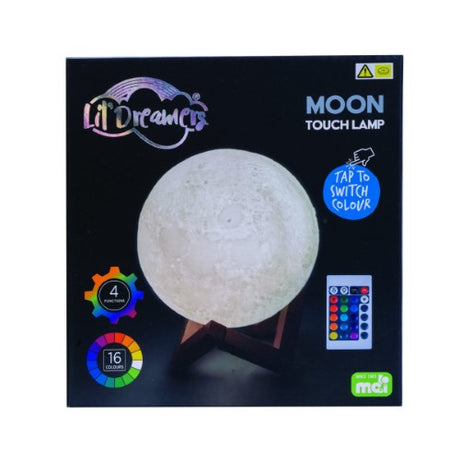 Touch Lamp resembling the moon (17.5cm), features a touch sensor with 16 colors, USB charging, remote control, and wooden stand.