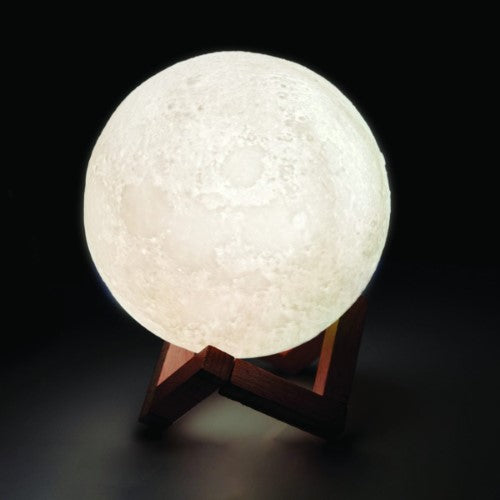 Touch lamp shaped like the moon, featuring 16 colors, remote control, and wooden stand for versatile ambiance.