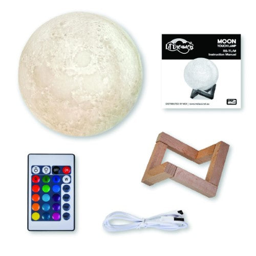 Elegant touch lamp shaped like the moon, featuring 16 colors, remote control, USB charging, and a wooden stand.