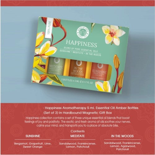 Happiness Essential Oil Pack of 3, featuring uplifting blends: Sunshine, Meditate, and In the Woods for joy and tranquility.