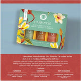 Happiness Essential Oil Pack of 3, featuring uplifting blends: Sunshine, Meditate, and In the Woods for joy and tranquility.