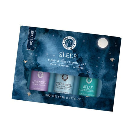 Pack of 3 calming 5ml essential oils for relaxation and sleep, featuring blends of Lavender, Orange, and Chamomile.