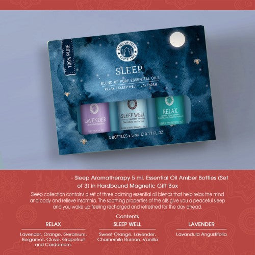 Sleep Essential Oil Pack of 3 (5ml): Calming blends of RELAX, SLEEP WELL, and LAVENDER for promoting relaxation and restful sleep.