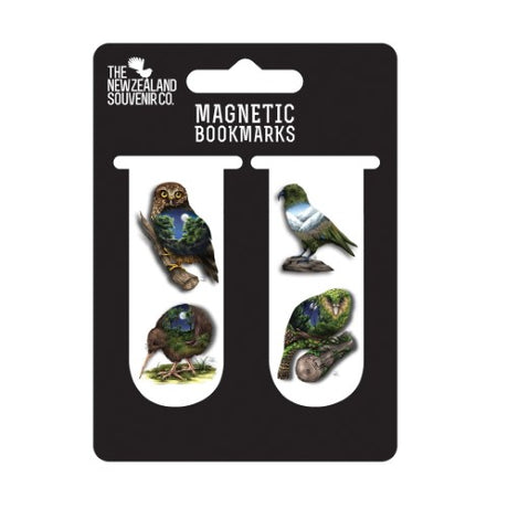 Set of 2 magnetic bookmarks featuring vibrant Kiwi bird illustrations, perfect for book lovers and nature enthusiasts.