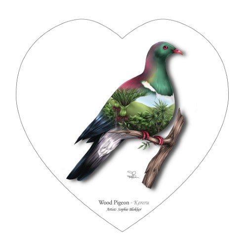 Sophie Blokker heart wall hanging featuring a wood pigeon design, crafted from ceramic with cork backing, ideal for home decor.