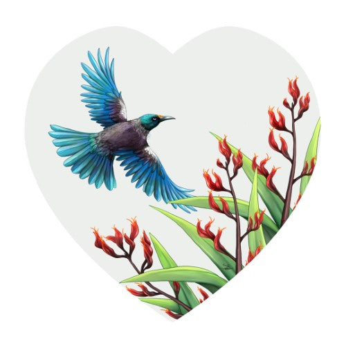 Sophie Blokker ceramic heart wall hanging featuring a Tui in Flight, ideal for Kiwiana-themed decor.