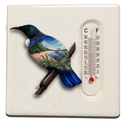 Ceramic thermometer magnet featuring a tui, blending practicality with Kiwi culture and home decor charm.