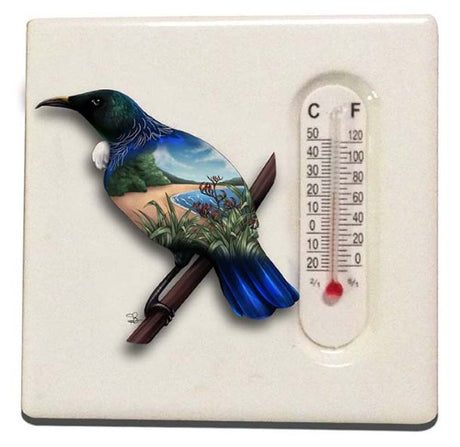 Ceramic thermometer magnet featuring a tui, blending practicality with Kiwi culture and home decor charm.
