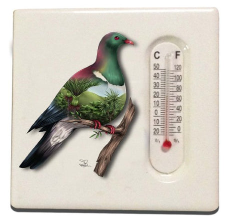 Sophie Blokker Kiwiana ceramic thermometer magnet featuring a Wood Pigeon design, blending art and functionality for home decor.