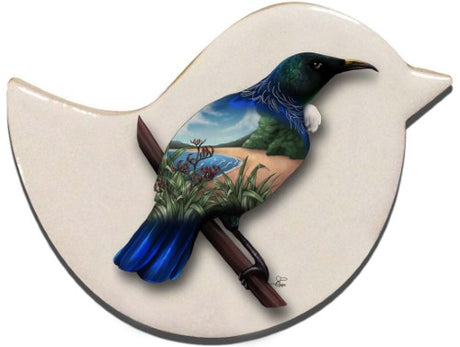 Ceramic magnet featuring a vibrant Tui, capturing New Zealand's beauty, ideal for decor or as a thoughtful gift.