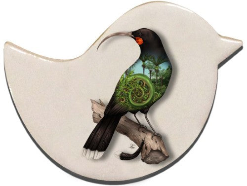Ceramic Huia bird magnet by Sophie Blokker, showcasing New Zealand's charm for home decor and art lovers.