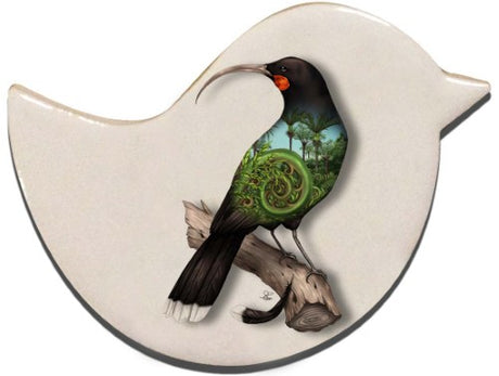 Ceramic Huia bird magnet by Sophie Blokker, showcasing New Zealand's charm for home decor and art lovers.