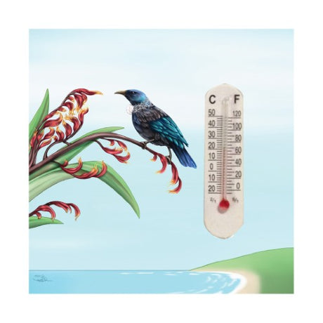 Sophie Blokker Kiwiana thermometer magnet featuring a vibrant Tui bird design, adding charm and functionality to your space.