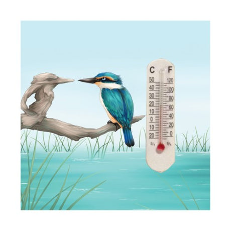 Ceramic thermometer magnet featuring a mirrored kingfisher design, blending functionality with Kiwiana artistry.