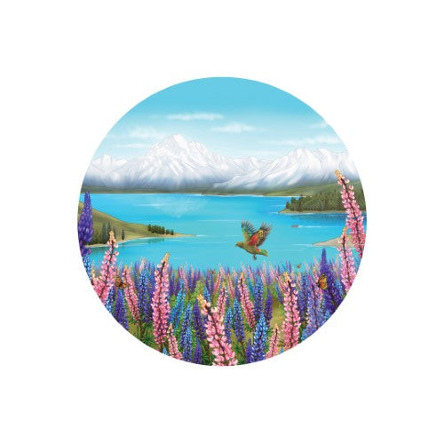 Round ceramic trivet and wall hanging inspired by Lake Tekapo, featuring vibrant colors and cork backing for stability.