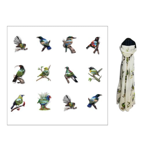 Sophie Blokker multi-birds polyester scarf, vibrant colors, lightweight, versatile fashion accessory measuring 1.8 x 0.9 meters.