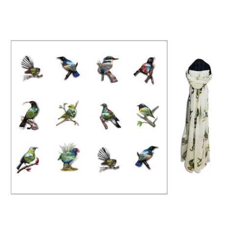 Sophie Blokker multi-birds polyester scarf, vibrant colors, lightweight, versatile fashion accessory measuring 1.8 x 0.9 meters.