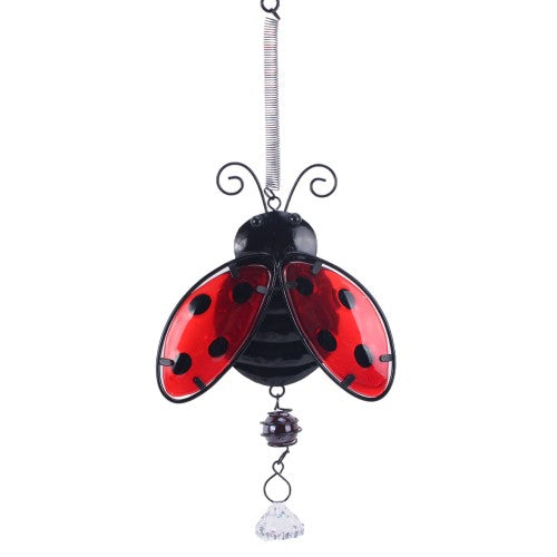 Charming Lady Bug Suncatcher, 14.6x13.3 cm, creates vibrant rainbow effects indoors or outdoors, adding whimsical decor.