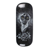 Stylish glasses case with Grimalkin's Glass black cat design, featuring hard shell protection and a cleaning cloth.