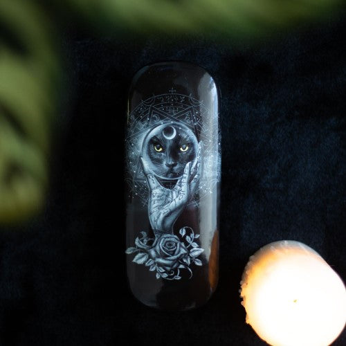 Hard shell glasses case with 'Grimalkin's Glass' black cat artwork, includes microfiber cloth for cleaning lenses.