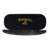 Hard shell glasses case featuring whimsical 'Grimalkin's Glass' black cat artwork, includes microfibre cleaning cloth.
