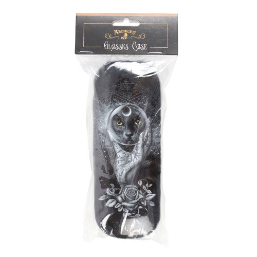 Stylish hard shell glasses case featuring a whimsical black cat design, includes a microfiber cloth for cleaning.
