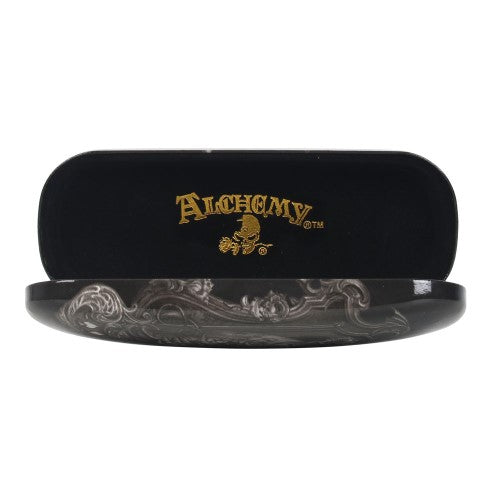 Elegant hard shell glasses case featuring Alchemy Gothic's 'Widow's Weeds' artwork, includes microfiber cleaning cloth.