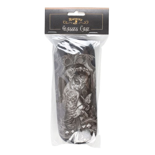 Stylish hard shell glasses case featuring Alchemy's 'Widow's Weeds' artwork, includes microfiber cleaning cloth.