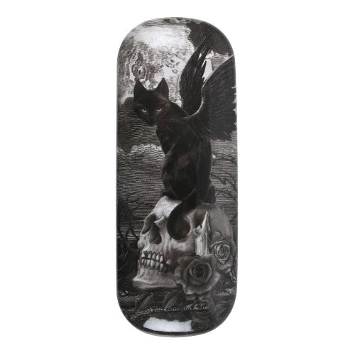 Hard shell glasses case with 'Nine Lives of Poe' black cat artwork, includes microfiber cloth, ideal for cat lovers.