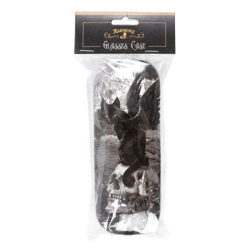 Hard shell glasses case featuring 'Nine Lives of Poe' artwork with included microfiber cloth for cleaning and protection.