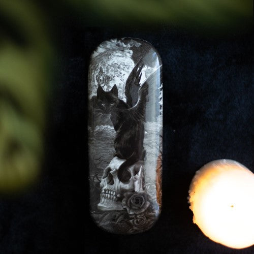 Hard shell glasses case with 'Nine Lives of Poe' black cat artwork, includes microfiber cloth, perfect for art lovers.