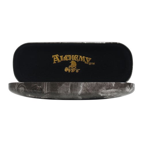Hard shell glasses case featuring 'Nine Lives of Poe' black cat artwork, includes microfiber cloth, stylish and functional.