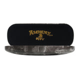 Hard shell glasses case featuring 'Nine Lives of Poe' black cat artwork, includes microfiber cloth, stylish and functional.
