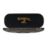 Hard shell glasses case with 'Dark Goddess' skull design, includes microfiber cloth for lens cleaning; gothic style accessory.