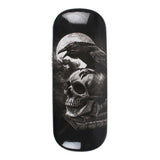 Poe's Raven Glasses Case by Alchemy featuring gothic skull artwork, 6.5x16x3 cm, includes microfibre cleaning cloth.