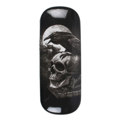 Poe's Raven Glasses Case by Alchemy featuring gothic skull artwork, 6.5x16x3 cm, includes microfibre cleaning cloth.