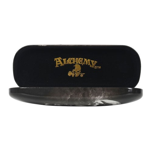 Hard shell glasses case featuring 'Poe's Raven' skull artwork, includes microfibre cloth, perfect for literary lovers.