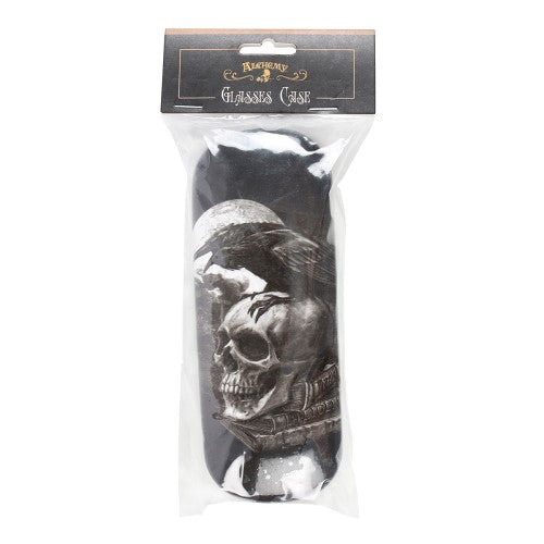Hard shell glasses case with 'Poe's Raven' skull artwork, includes cleaning cloth, perfect for literary enthusiasts.