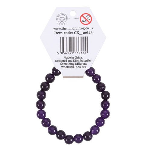 Amethyst gemstone bracelet with 8mm beads, designed to enhance third eye chakra and promote inner peace and clarity.