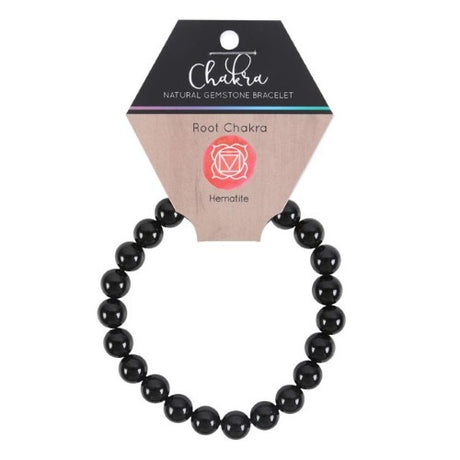 Root Chakra Hematite Gemstone Bracelet with 8mm beads, promoting stability, chakra healing, and inner balance.