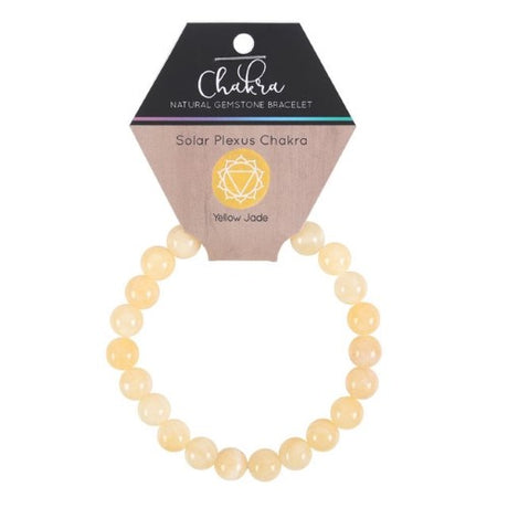 Yellow jade gemstone bracelet for balancing the solar plexus chakra, featuring 8mm beads, promoting inner stability and well-being.